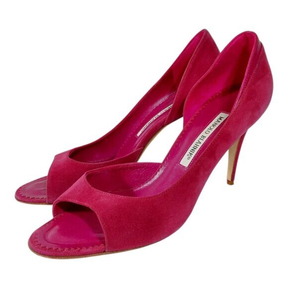 Manolo Blahnik Fuschsia Pink Suede Peep Toe D'Orsay Heel Good Cond - 38.5 (8) - Picture 1 of 10
